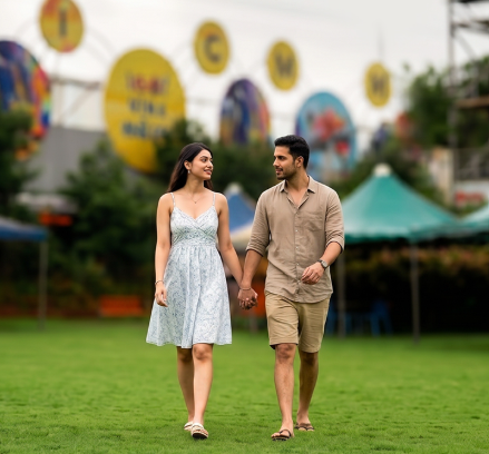 Couple walking hand in hand on the lawn