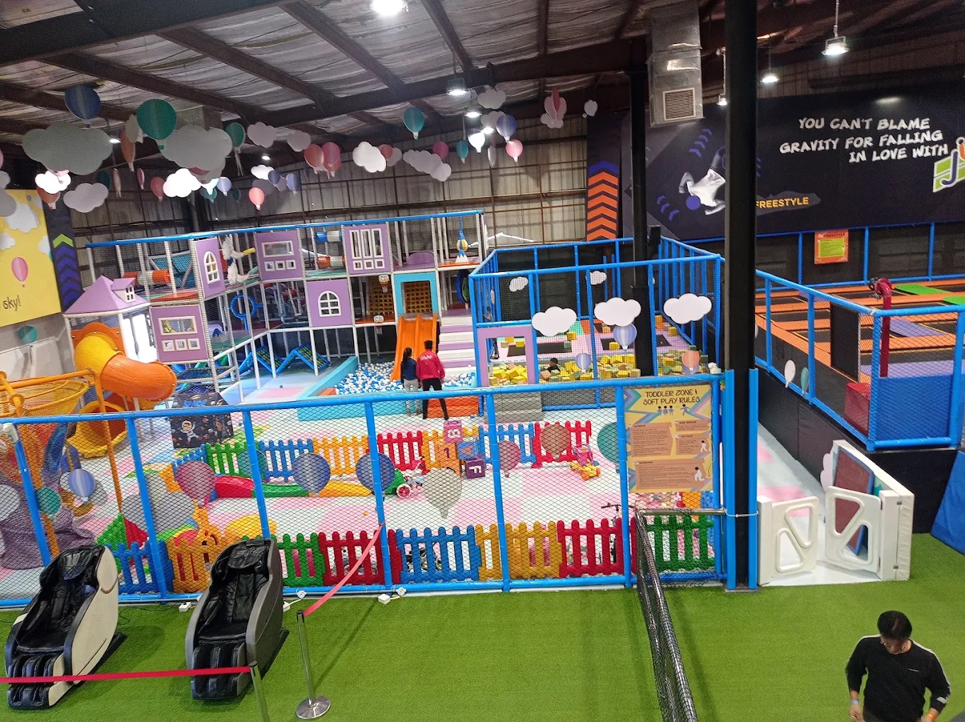 Indoor kids play zone with soft play and trampolines