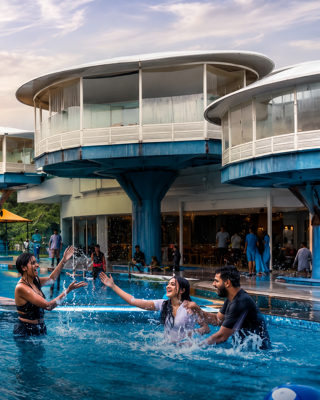 Friends splashing in the resort pool