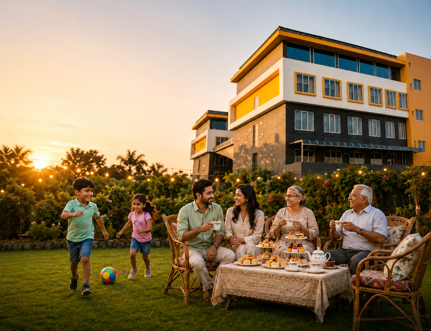 Family enjoying high tea on the lawn at sunset