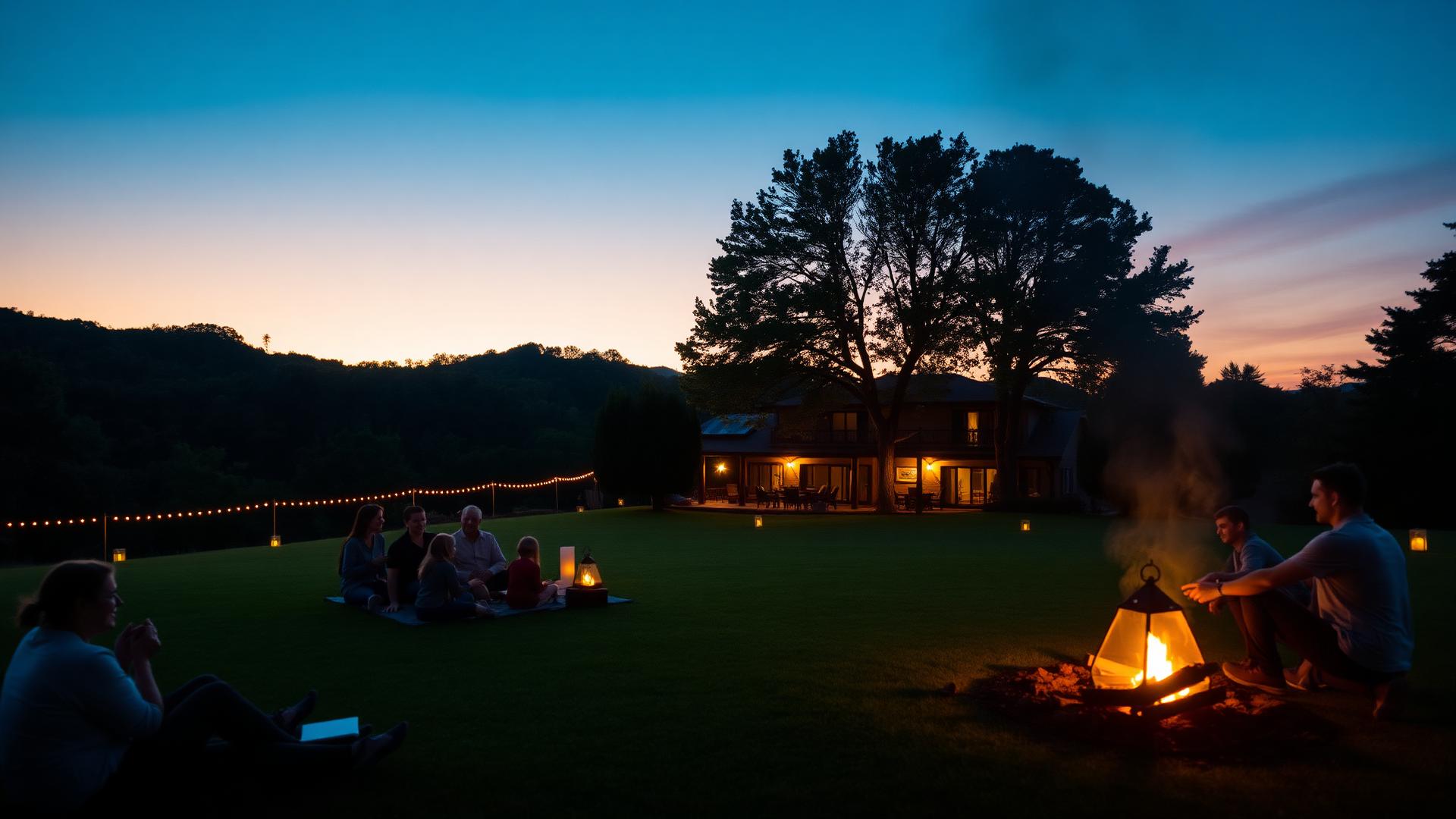 Families gathered around a bonfire on the resort lawns at dusk